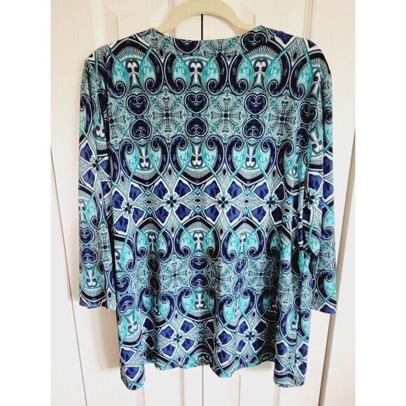 Chico's 3 Easy Wear Women's Turquoise Blue Geo Sweater Jacket 1 Button Slinky XL - Picture 2 of 6